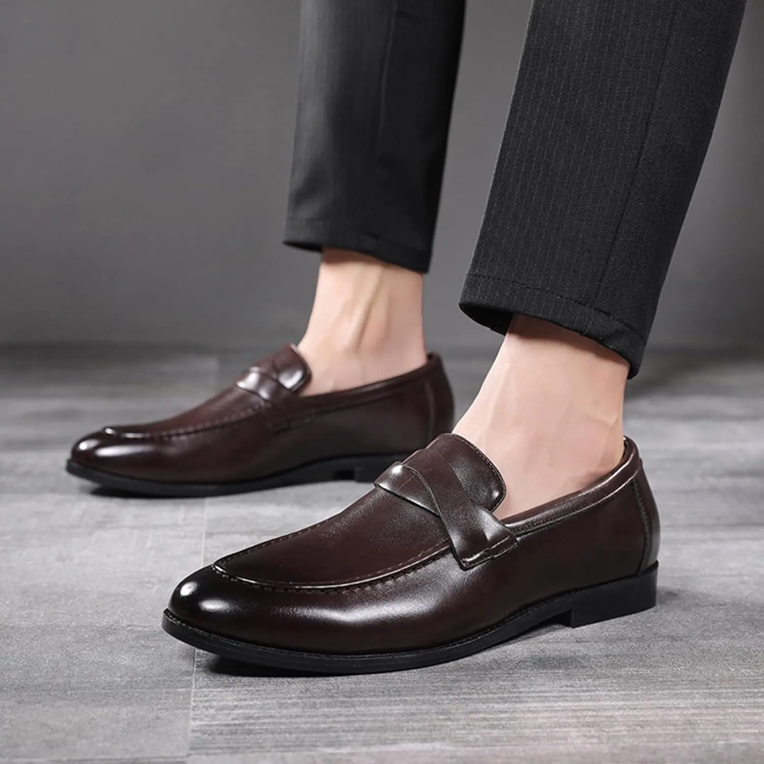 Men's Leather Shoes, Large Size Slip On Business Casual Low Top Loafers Pointed Toe Comfortable Breathable Mens Driving Shoes, 45 EU,Brown