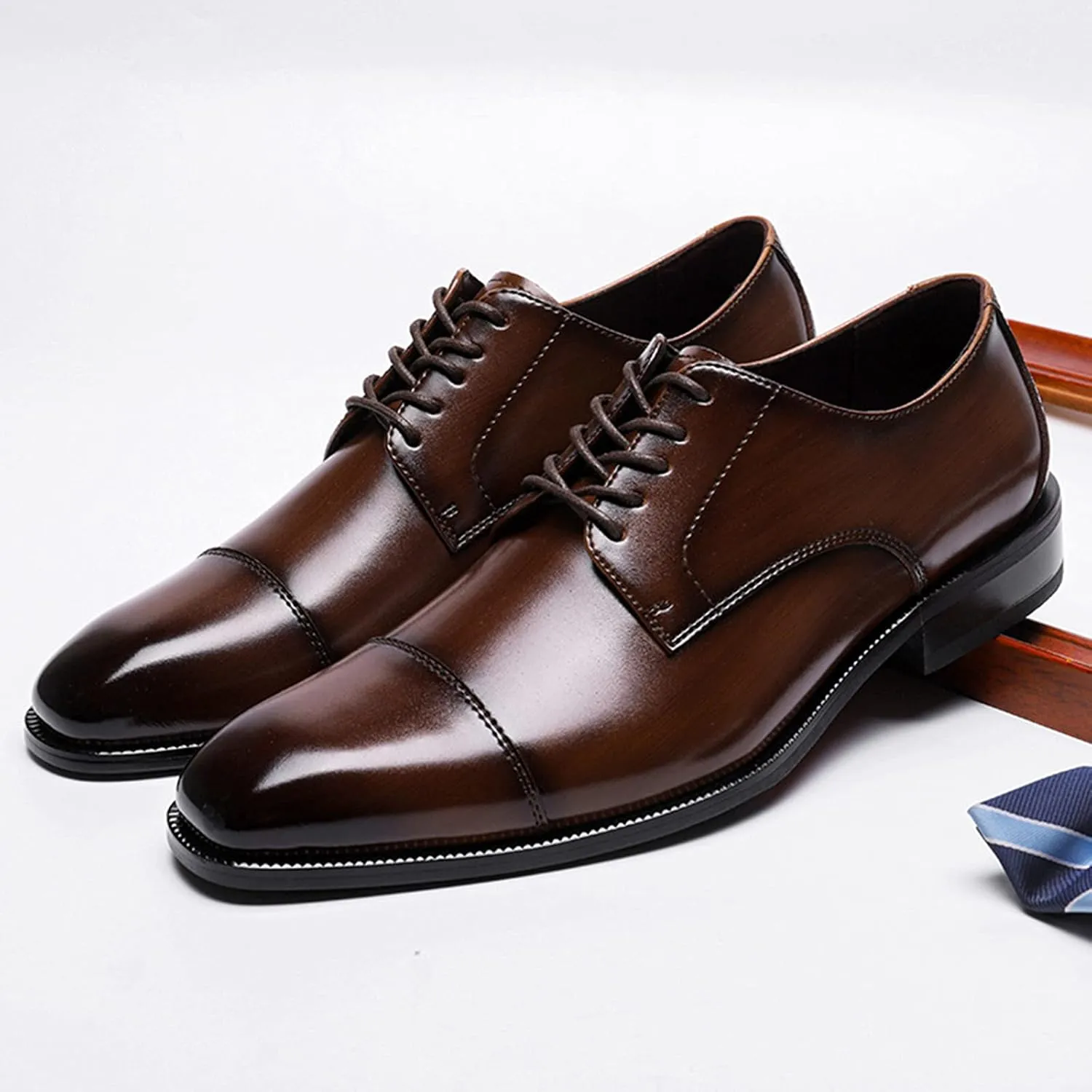 Men's Oxford Leather Wedding Dress Shoes for Men Lace up Comfortable Formal Business Derby Brown- US8/UK7/EU40