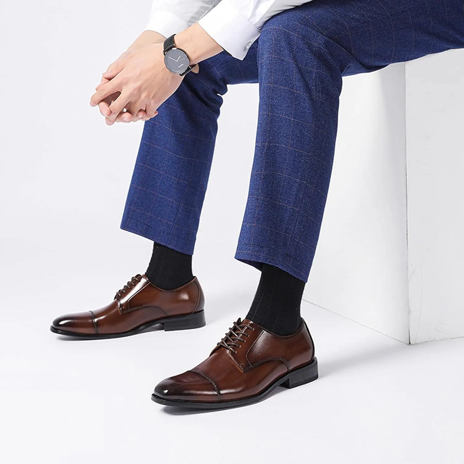 Men's Oxford Leather Wedding Dress Shoes for Men Lace up Comfortable Formal Business Derby Brown- US8/UK7/EU40