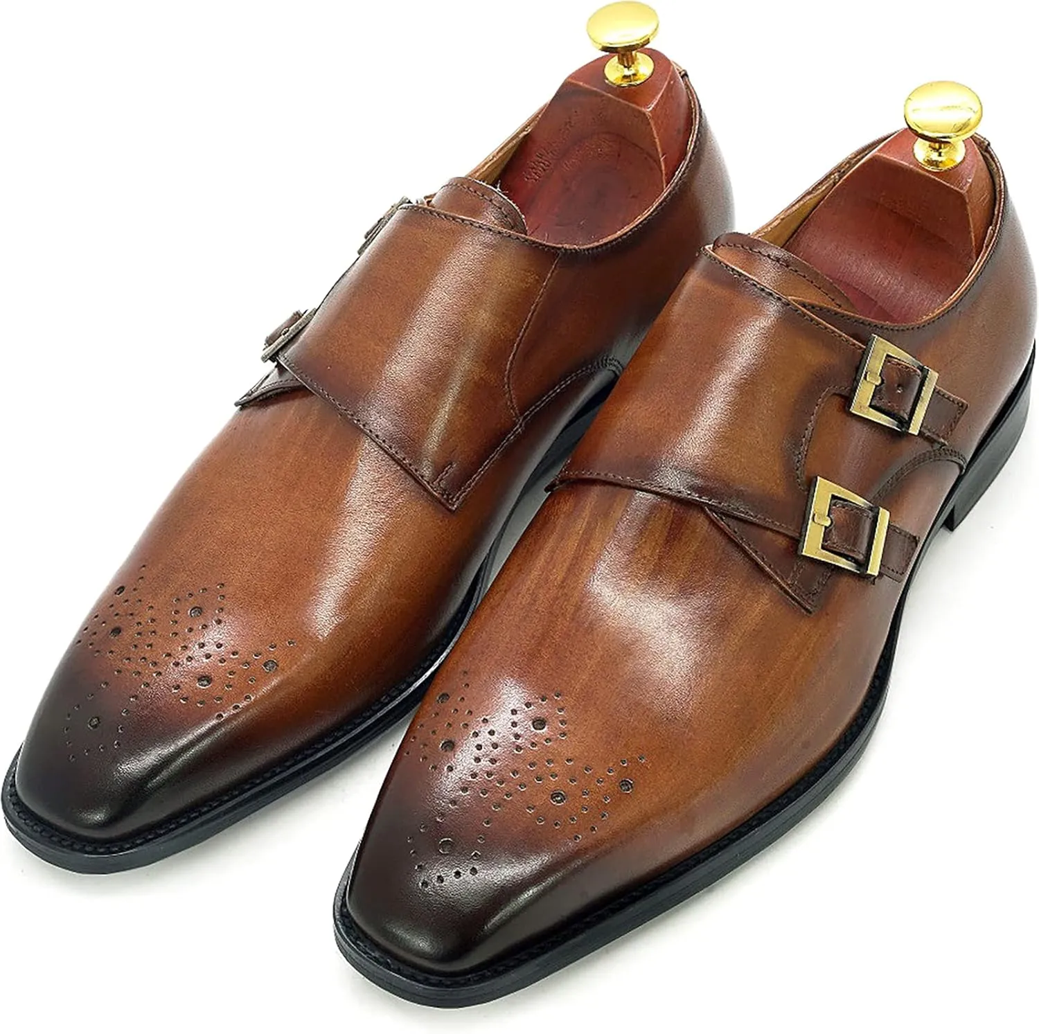 Men's Retro Italian Style Loafers Genuine Leather Monk Shoes Buckle Strap Slip-on Loafer Office Party Dress Shoes,Brown-40