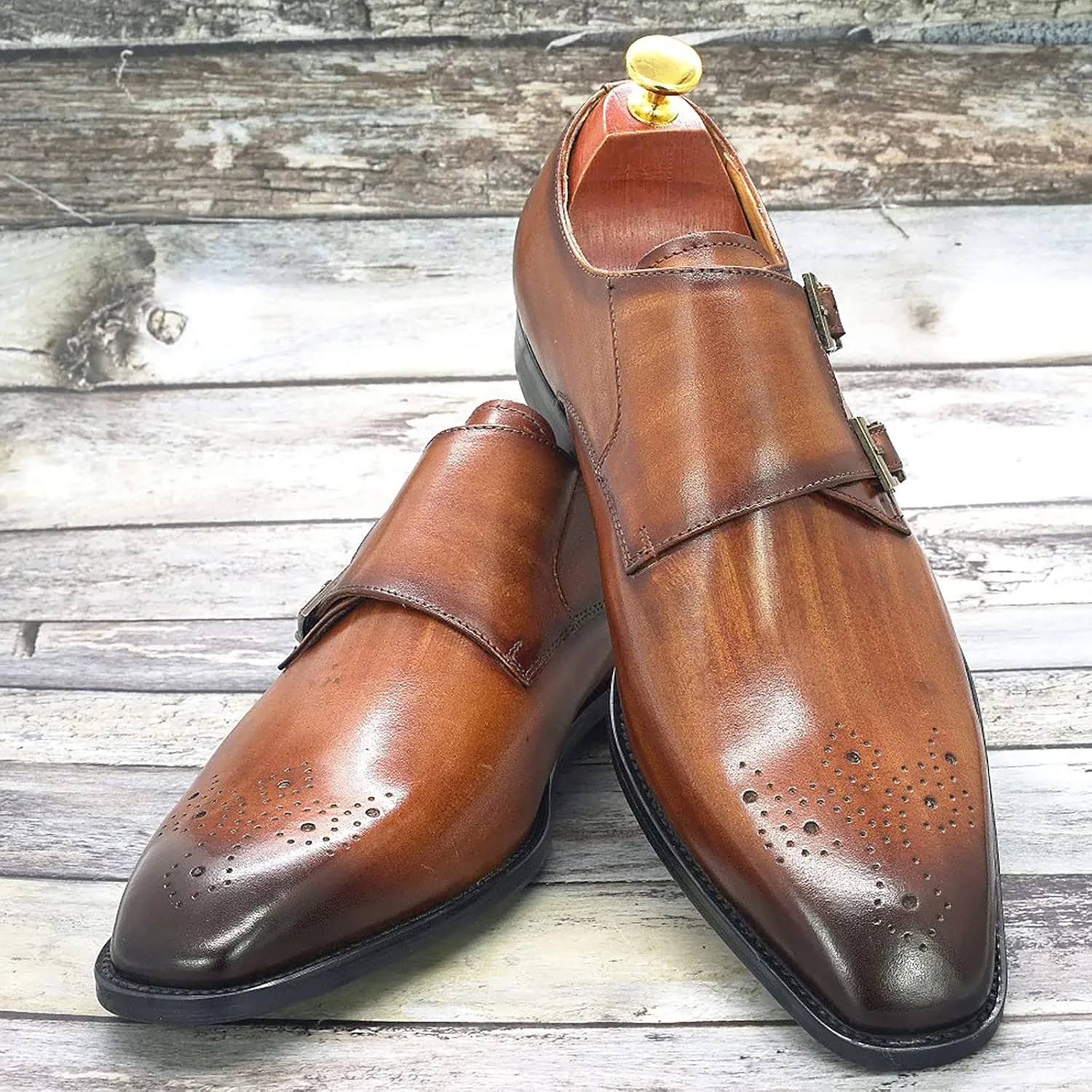 Men's Retro Italian Style Loafers Genuine Leather Monk Shoes Buckle Strap Slip-on Loafer Office Party Dress Shoes,Brown-40