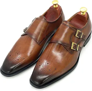 Men's Retro Italian Style Loafers Genuine Leather Monk Shoes Buckle Strap Slip-on Loafer Office Party Dress Shoes,Brown-40