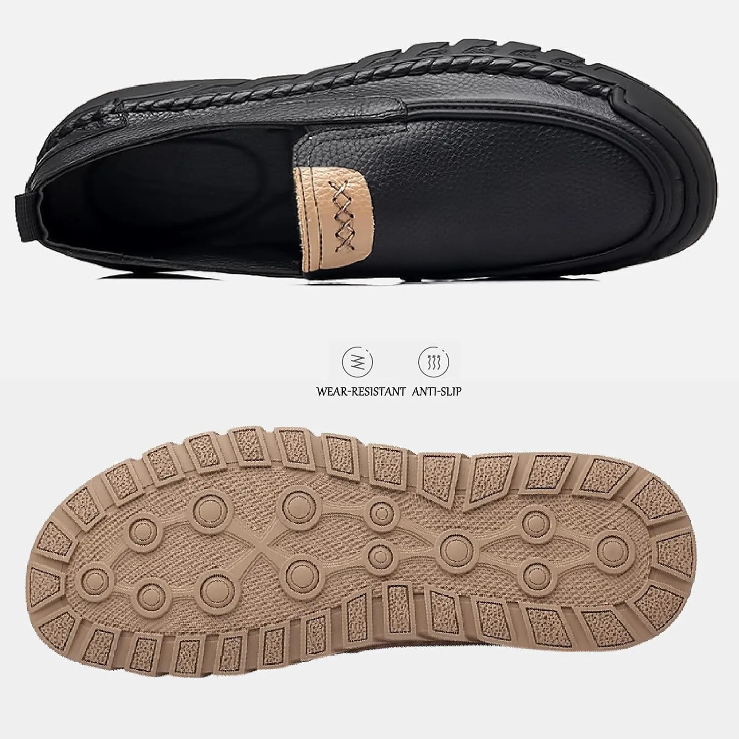 Men's Soft Leather Flat Boat Shoe Round Toe Hand Stitching Soft Platform Anti-Slip Driving Sneakers Outdoor Comfort Lightweight Casual Shoe