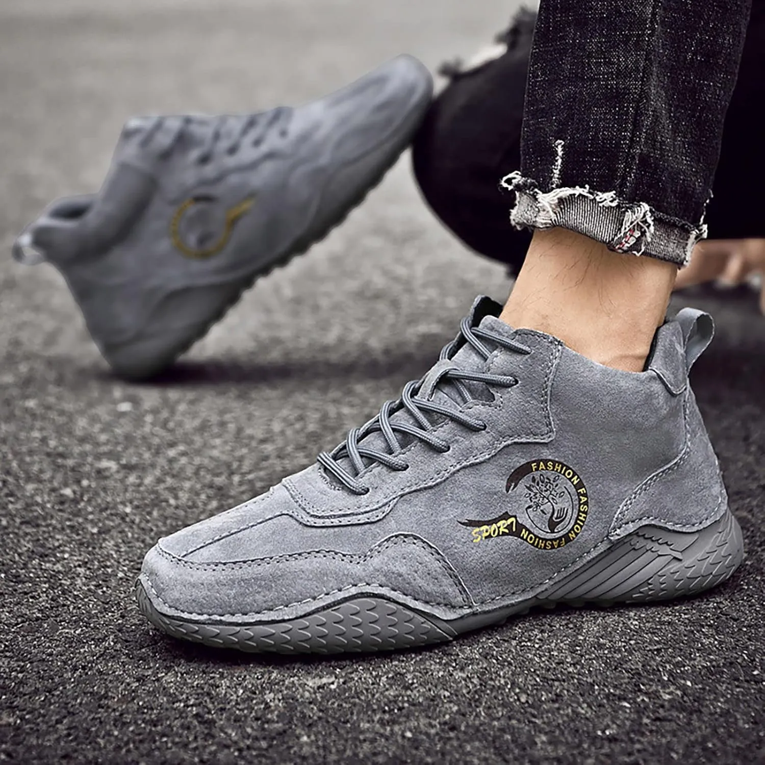 New Spring and Men's Leather Shoes Korean Fashion Lace Up Short Boots Shoe Big Sneaker Slippers Men