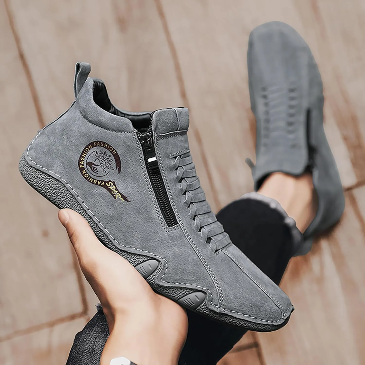 New Spring and Men's Leather Shoes Korean Fashion Zipper Short Boots Shoe Sneaker Crease Shield Men