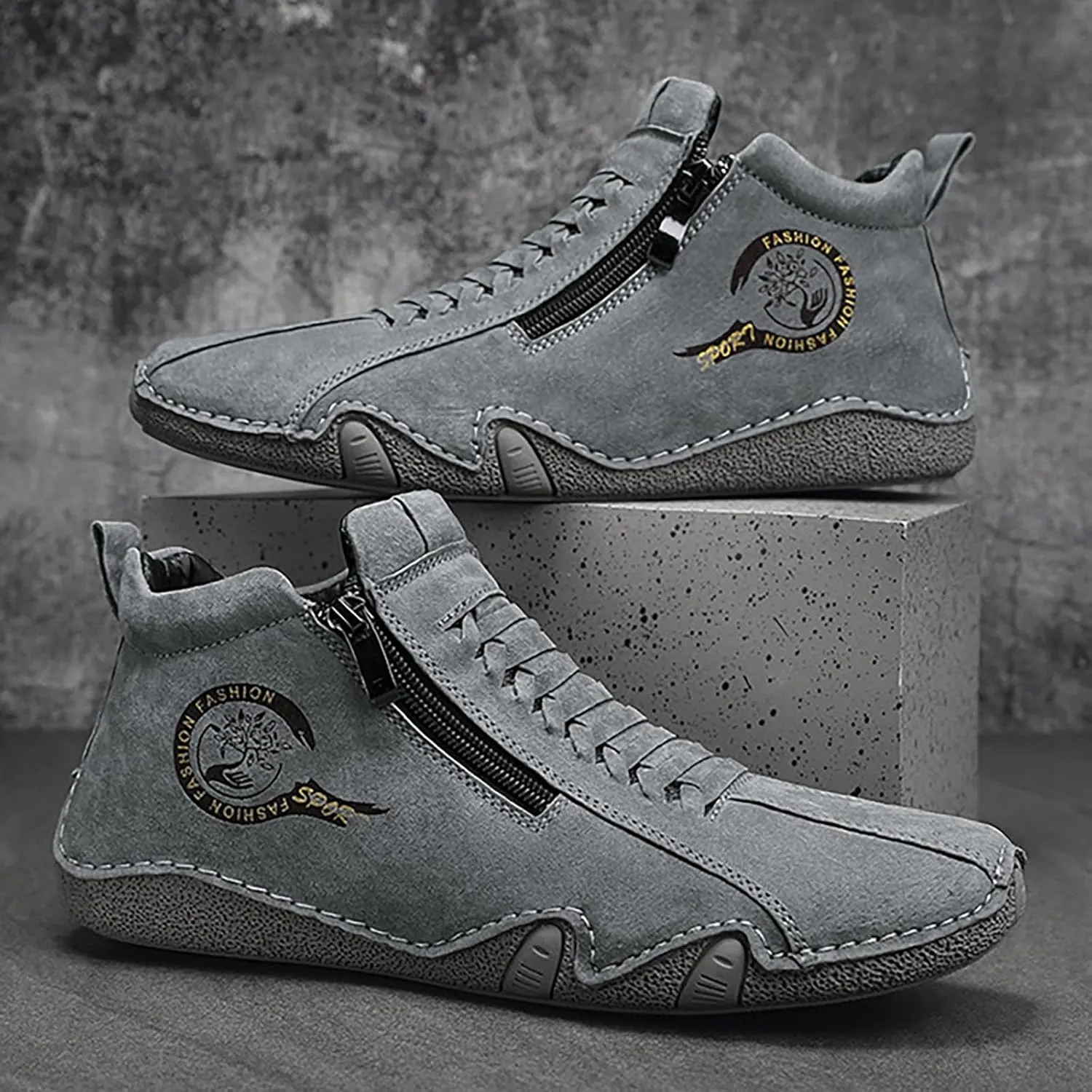 New Spring and Men's Leather Shoes Korean Fashion Zipper Short Boots Shoe Sneaker Crease Shield Men