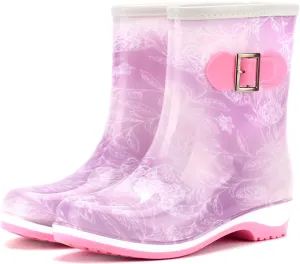 Rain Boots for Women Mid Calf Fashion Waterproof Plastic Low Heel Jelly Color Hasp Slip-on High Boots Comfy Casual Round Toe Square Heel Shoes
