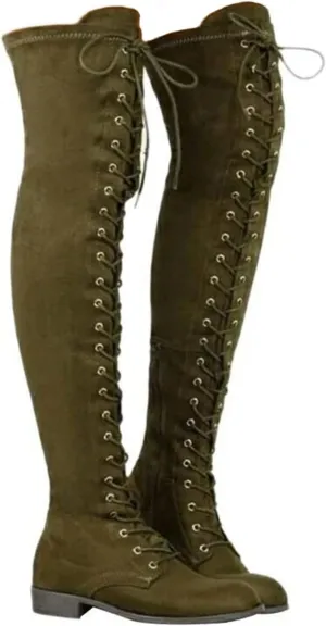 SACFOF Women's Over The Knee Low Heel Lace Up Tall Boots Thigh High Combat Casual Faux Suede Thigh High Riding Boots