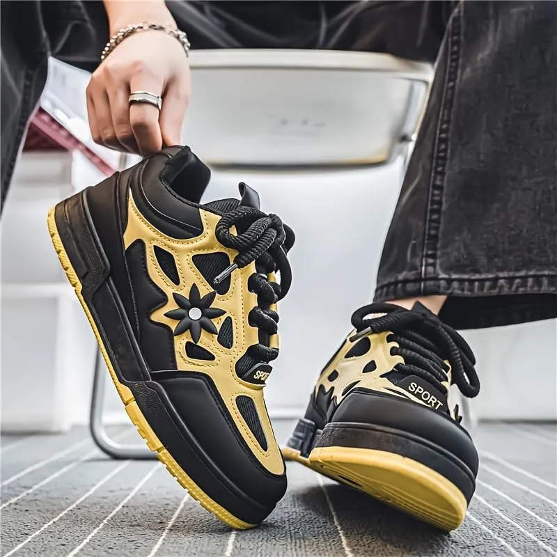 Stylish Men's Flower Pattern Lace-Up Skateboard Shoes - Non-Slip, Comfy, Breathable, Platform Design for All Seasons, Casual, Outdoor, and Daily Wear