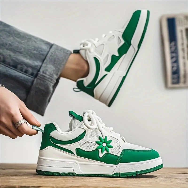 Stylish Men's Flower Pattern Lace-Up Skateboard Shoes - Non-Slip, Comfy, Breathable, Platform Design for All Seasons, Casual, Outdoor, and Daily Wear