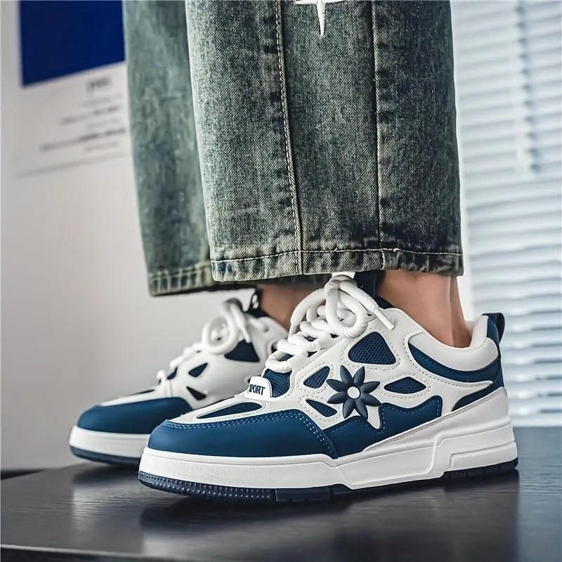 Stylish Men's Flower Pattern Lace-Up Skateboard Shoes - Non-Slip, Comfy, Breathable, Platform Design for All Seasons, Casual, Outdoor, and Daily Wear