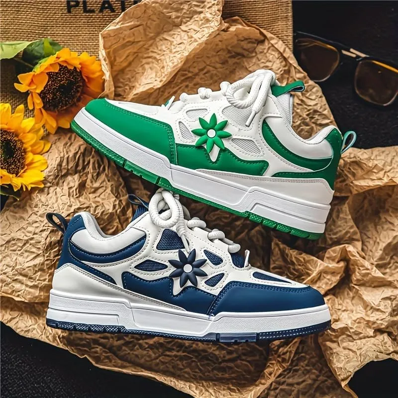 Stylish Men's Flower Pattern Lace-Up Skateboard Shoes - Non-Slip, Comfy, Breathable, Platform Design for All Seasons, Casual, Outdoor, and Daily Wear