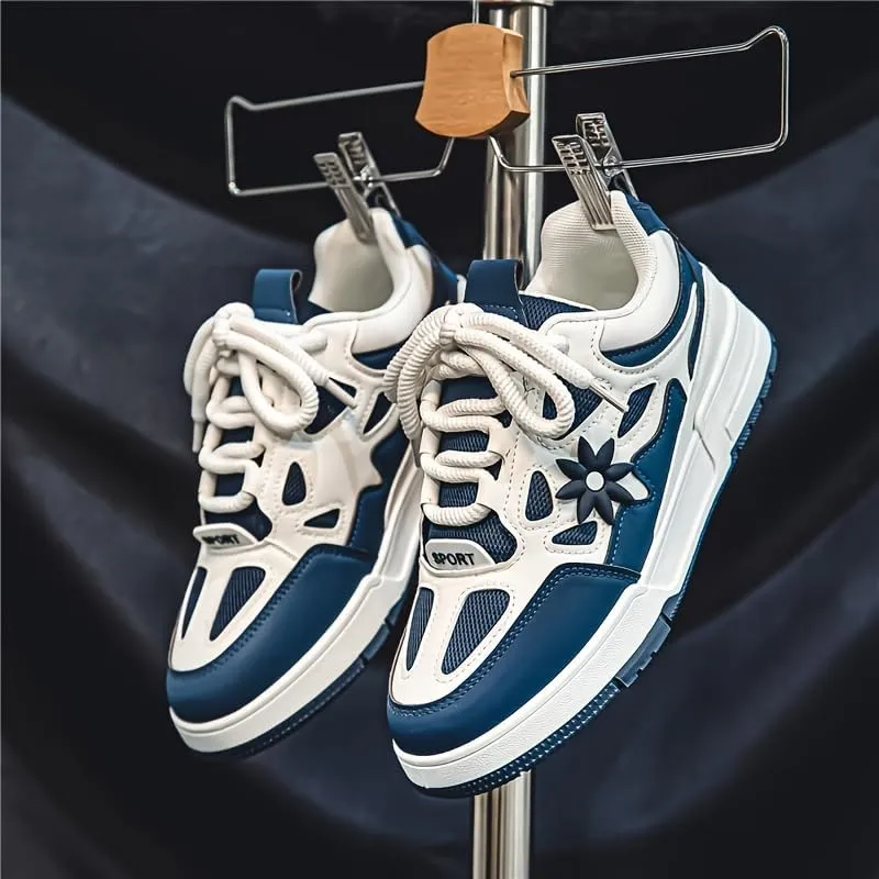 Stylish Men's Flower Pattern Lace-Up Skateboard Shoes - Non-Slip, Comfy, Breathable, Platform Design for All Seasons, Casual, Outdoor, and Daily Wear