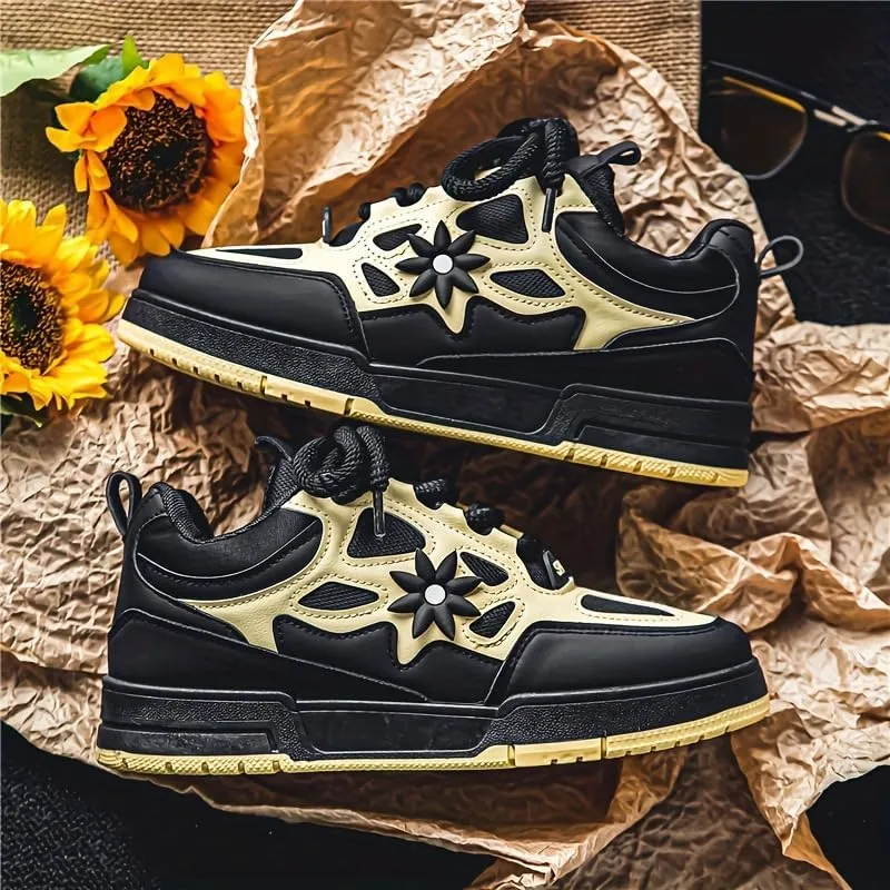 Stylish Men's Flower Pattern Lace-Up Skateboard Shoes - Non-Slip, Comfy, Breathable, Platform Design for All Seasons, Casual, Outdoor, and Daily Wear