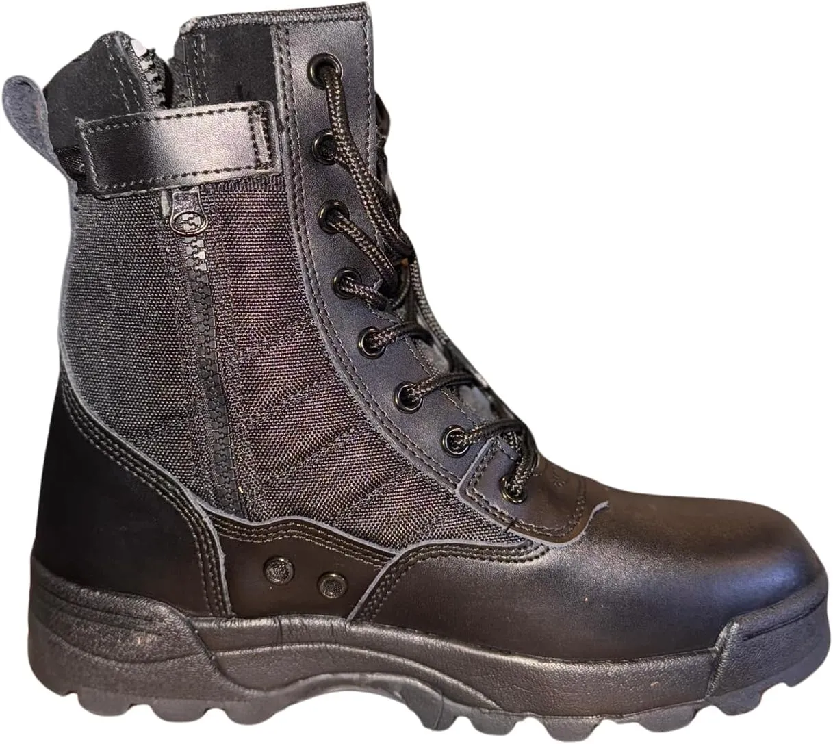 Tactical Combat Boots, 8-inch Military Style, Black Leather and Nylon, Lace-up