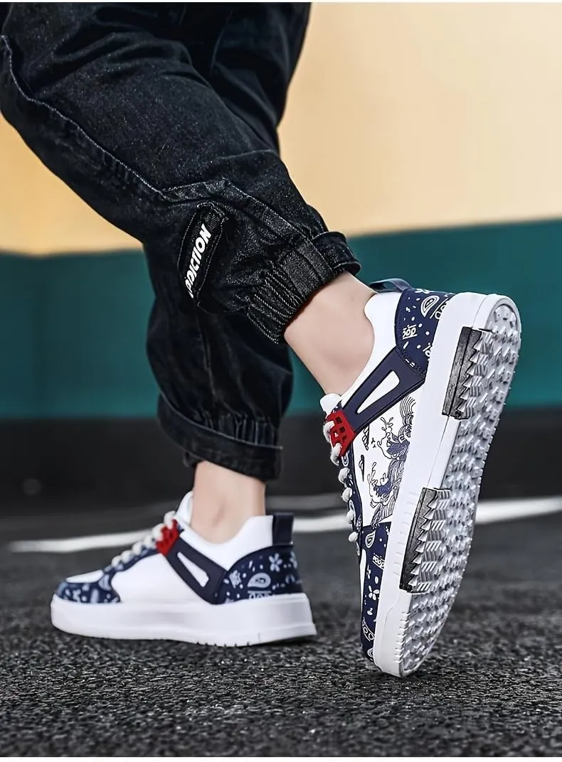 Trendy Pattern Skateboard Shoes for Men Non-Slip Lace-Up Casual Comfort Walking Sneaker