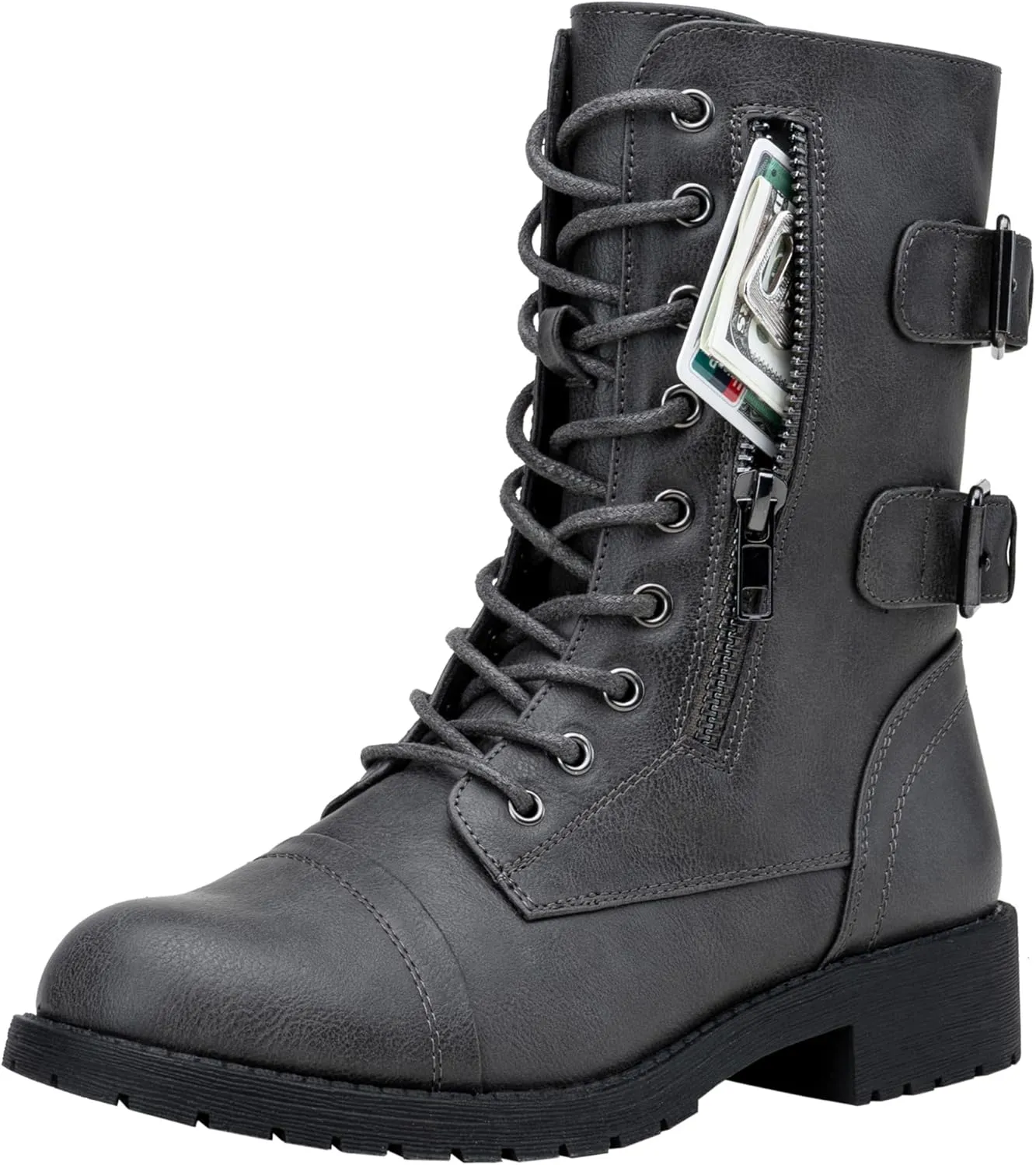 Vepose Women's 928 Combat Boots Low Heel, Mid Calf Military Boots with Card Knife Wallet Pocket