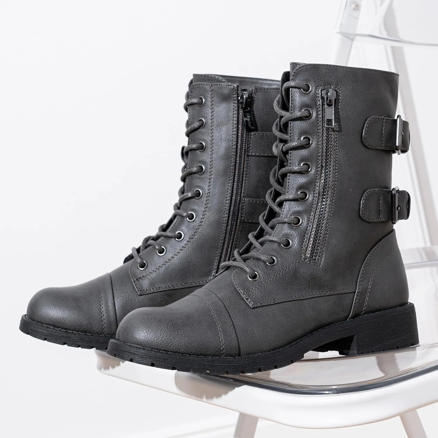 Vepose Women's 928 Combat Boots Low Heel, Mid Calf Military Boots with Card Knife Wallet Pocket