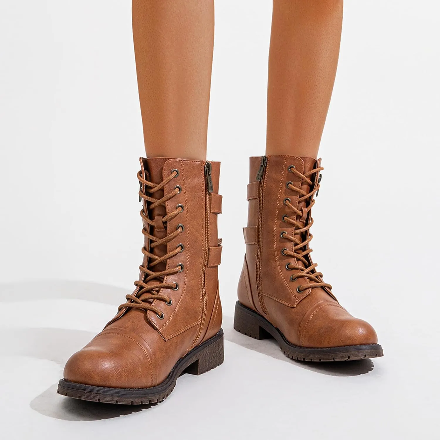 Vepose Women's 928 Combat Boots Low Heel, Mid Calf Military Boots with Card Knife Wallet Pocket