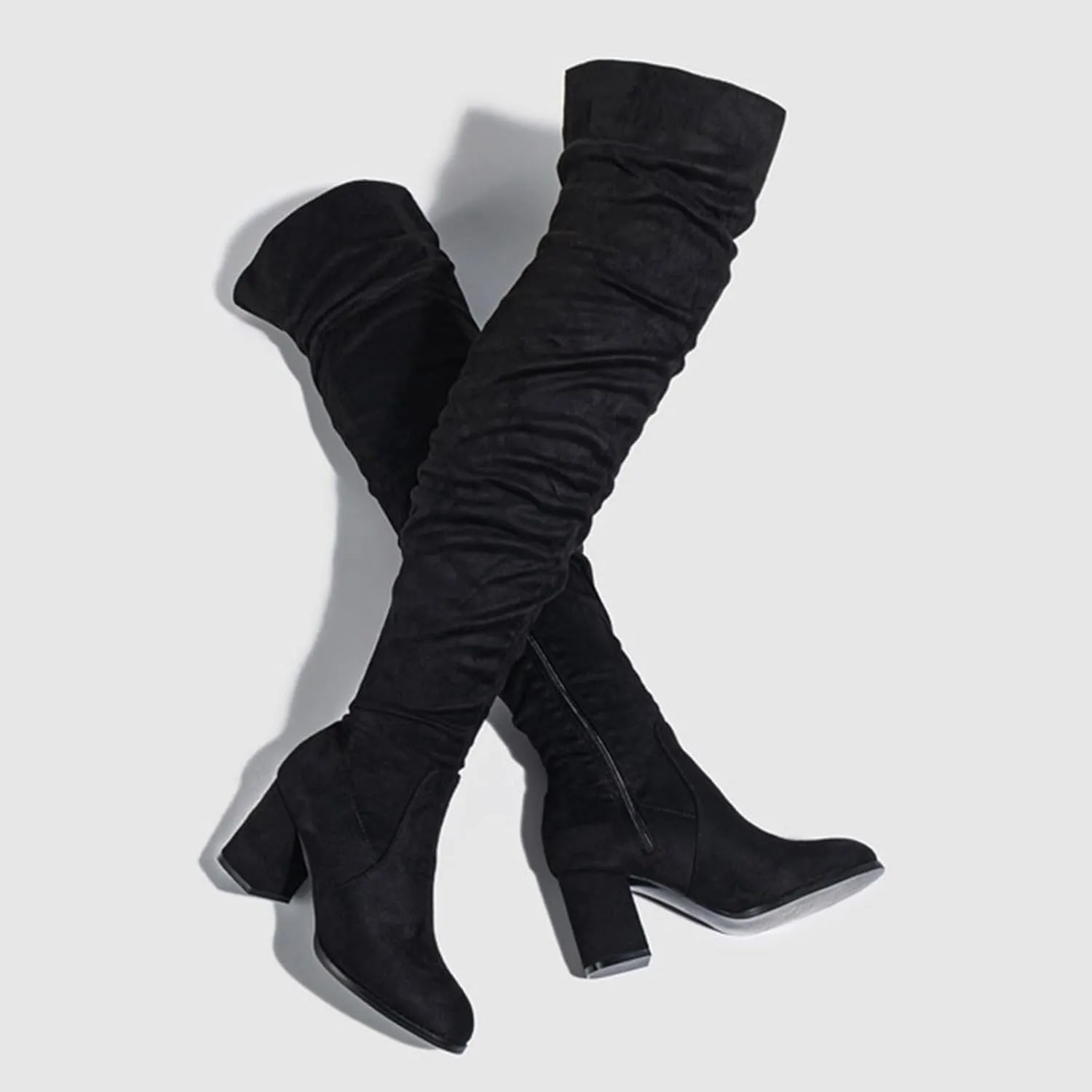 White Cowgirl Boots Square Heel Over Knee Boots Suede Zipper Thigh High Boots Chunky Heeled Tall Long Boots
