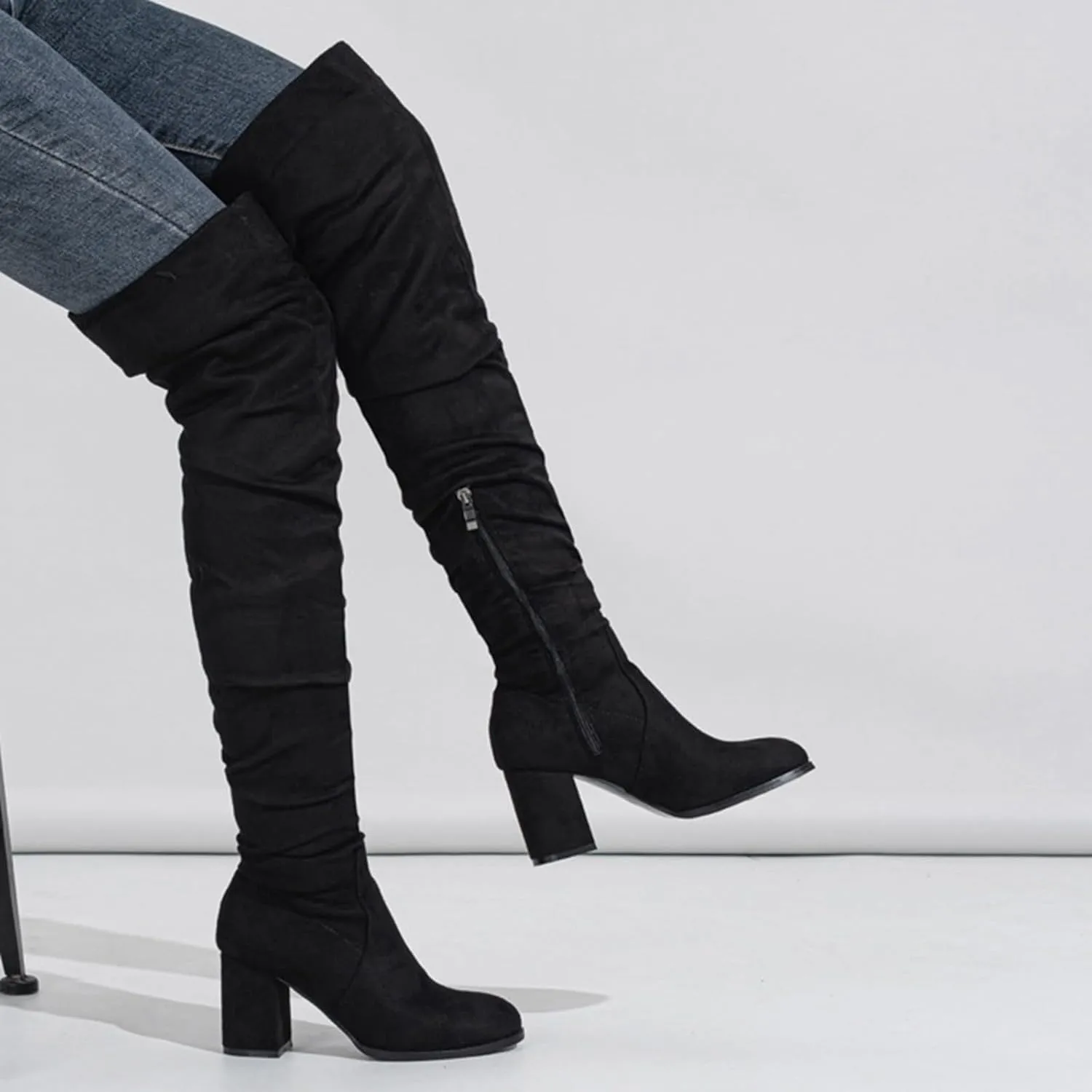 White Cowgirl Boots Square Heel Over Knee Boots Suede Zipper Thigh High Boots Chunky Heeled Tall Long Boots