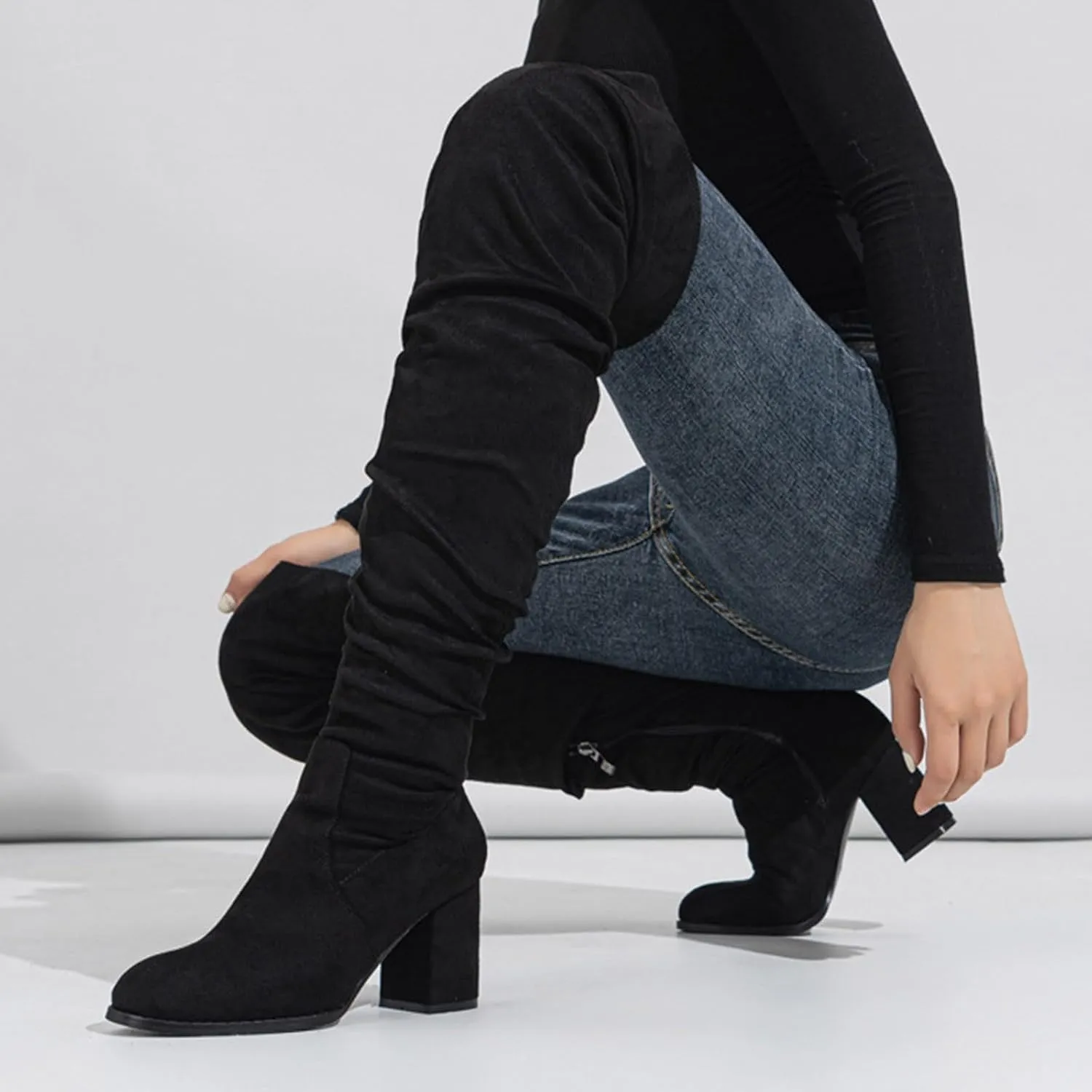 White Cowgirl Boots Square Heel Over Knee Boots Suede Zipper Thigh High Boots Chunky Heeled Tall Long Boots