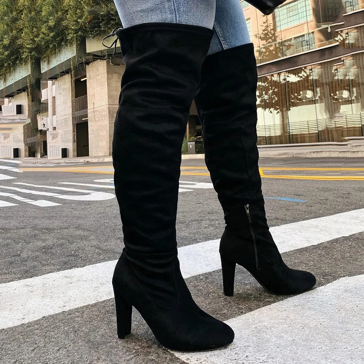 Winter Boots For Women High Chunky Heeled Over Knee Boots Zipper Pointed Suede Thigh High Boots Long Bootie