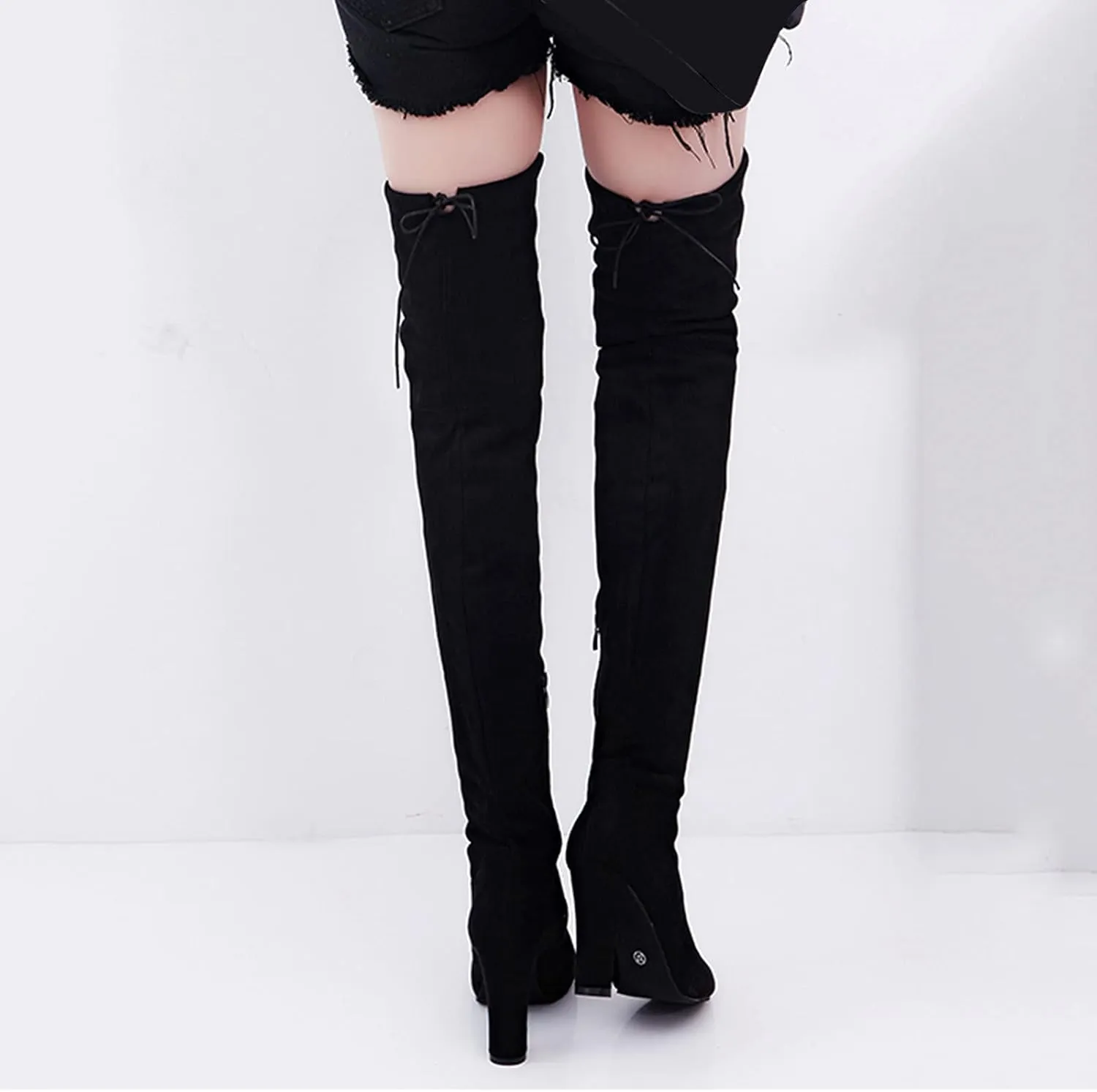 Winter Boots For Women High Chunky Heeled Over Knee Boots Zipper Pointed Suede Thigh High Boots Long Bootie