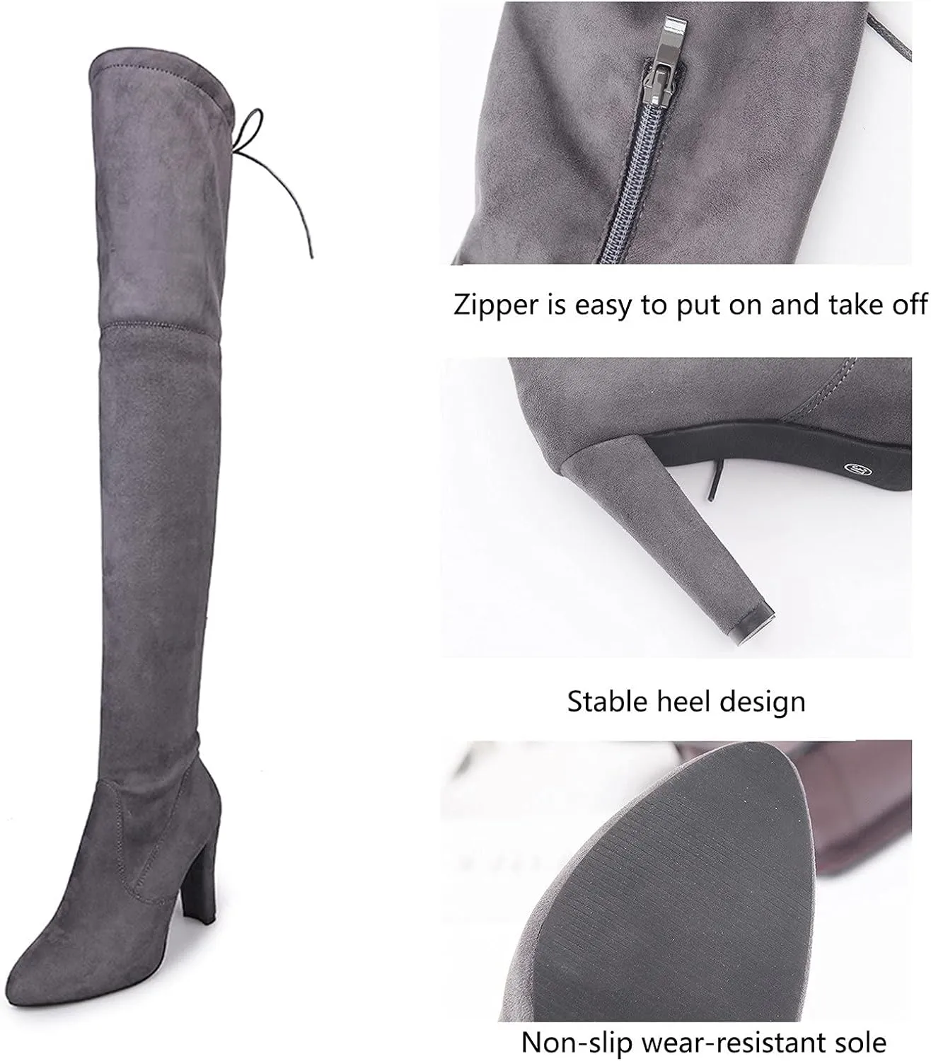 Winter Boots For Women High Chunky Heeled Over Knee Boots Zipper Pointed Suede Thigh High Boots Long Bootie
