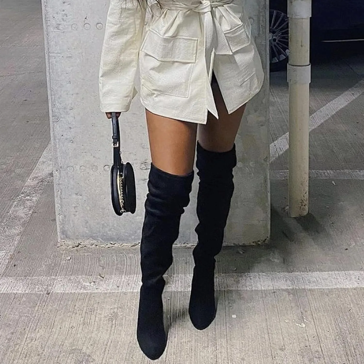 Winter Boots For Women High Chunky Heeled Over Knee Boots Zipper Pointed Suede Thigh High Boots Long Bootie
