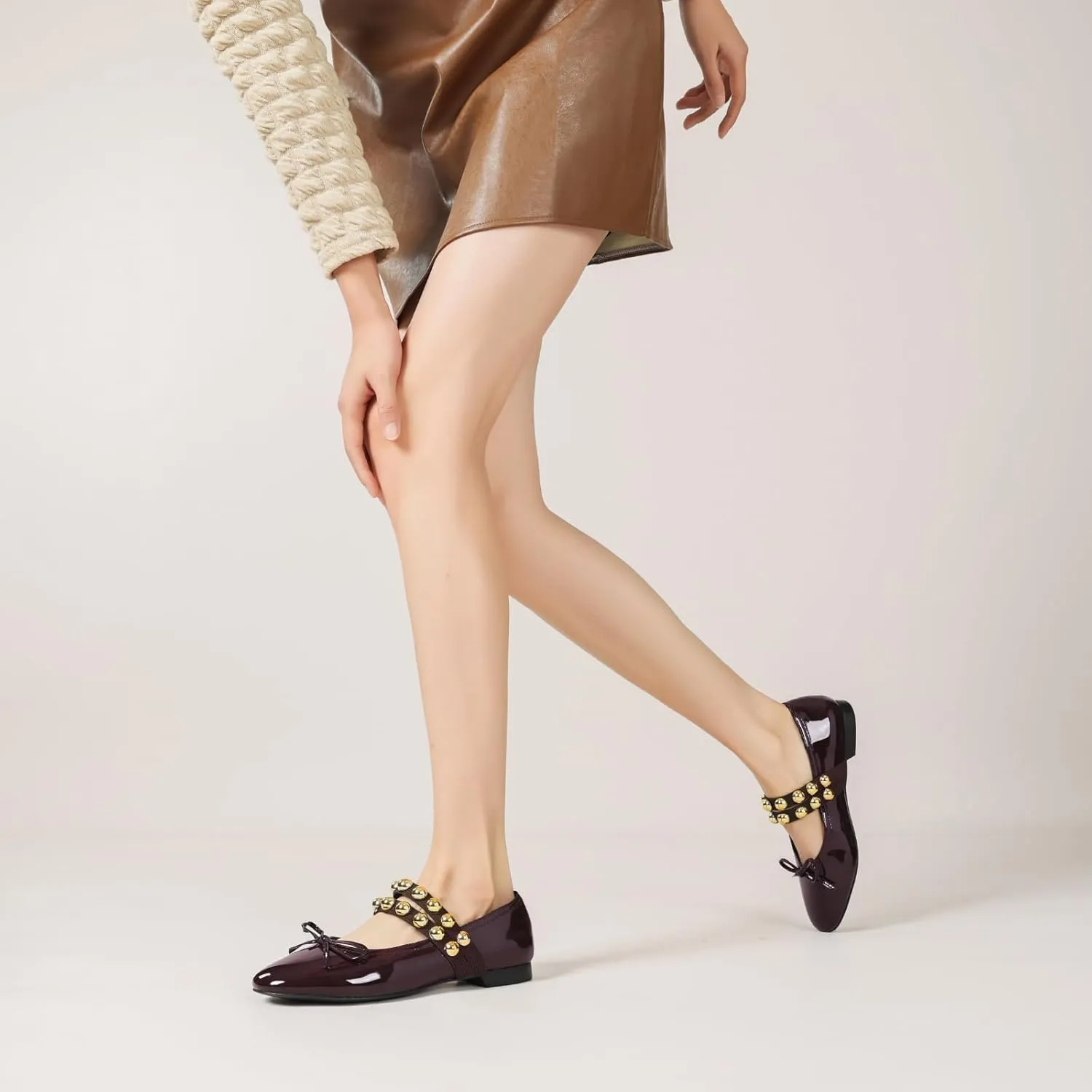 Women' Ballet Flats Round Toe Studded Flats Wide Width Mary Jane Casual Comfortable Ballerina Flat Shoes