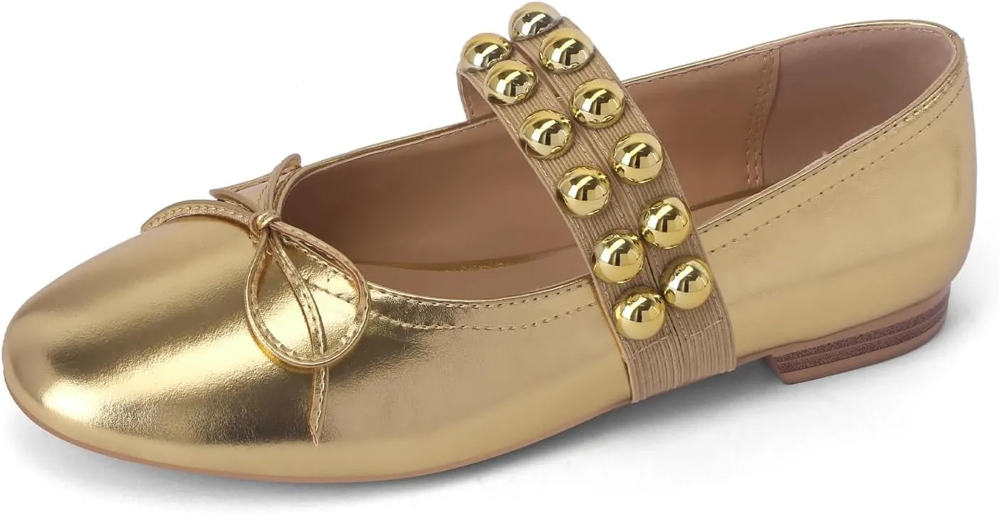 Women' Ballet Flats Round Toe Studded Flats Wide Width Mary Jane Casual Comfortable Ballerina Flat Shoes