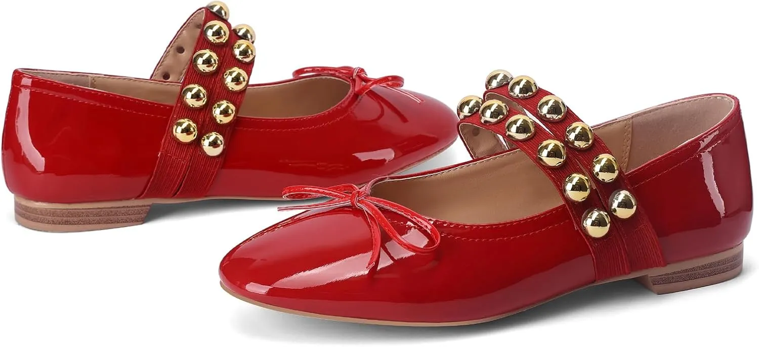 Women' Ballet Flats Round Toe Studded Flats Wide Width Mary Jane Casual Comfortable Ballerina Flat Shoes