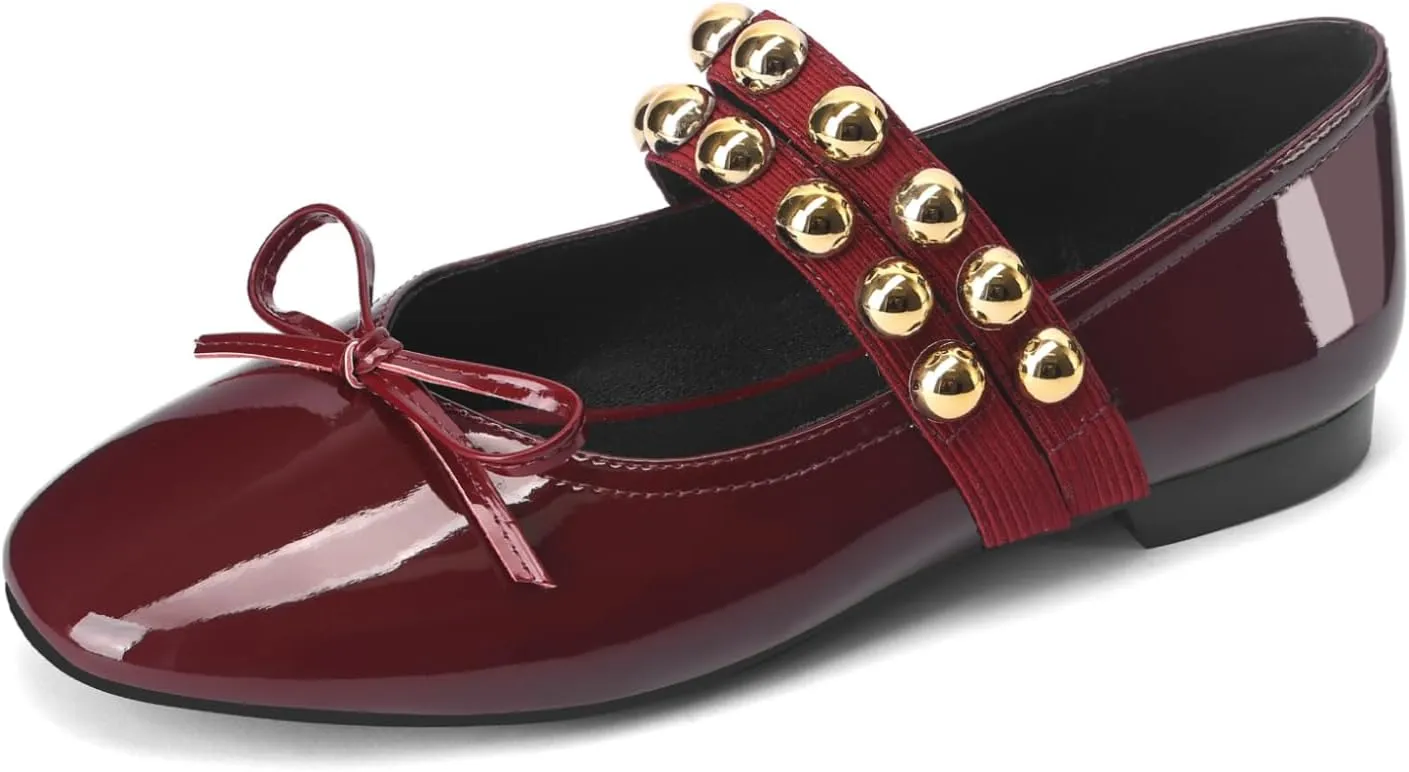 Women' Ballet Flats Round Toe Studded Flats Wide Width Mary Jane Casual Comfortable Ballerina Flat Shoes