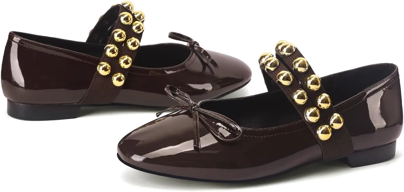 Women' Ballet Flats Round Toe Studded Flats Wide Width Mary Jane Casual Comfortable Ballerina Flat Shoes