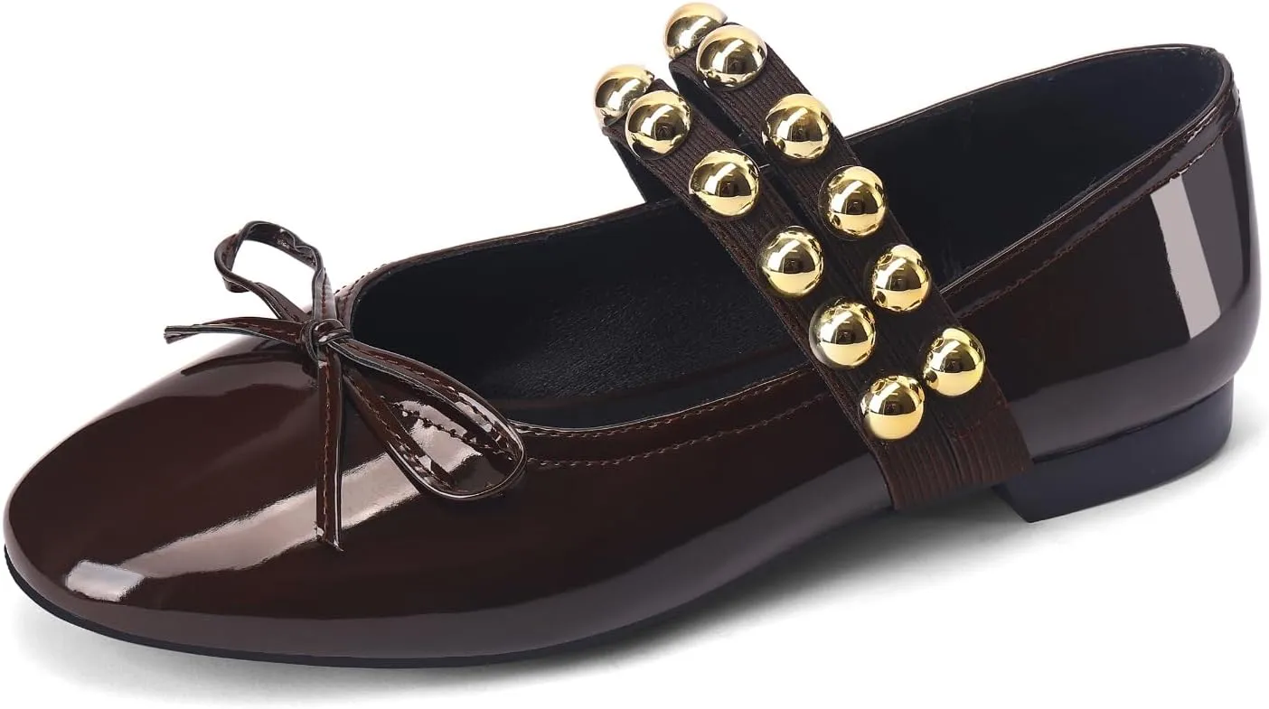 Women' Ballet Flats Round Toe Studded Flats Wide Width Mary Jane Casual Comfortable Ballerina Flat Shoes