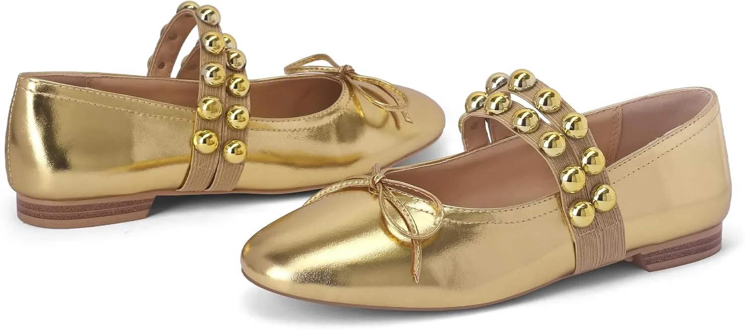 Women' Ballet Flats Round Toe Studded Flats Wide Width Mary Jane Casual Comfortable Ballerina Flat Shoes
