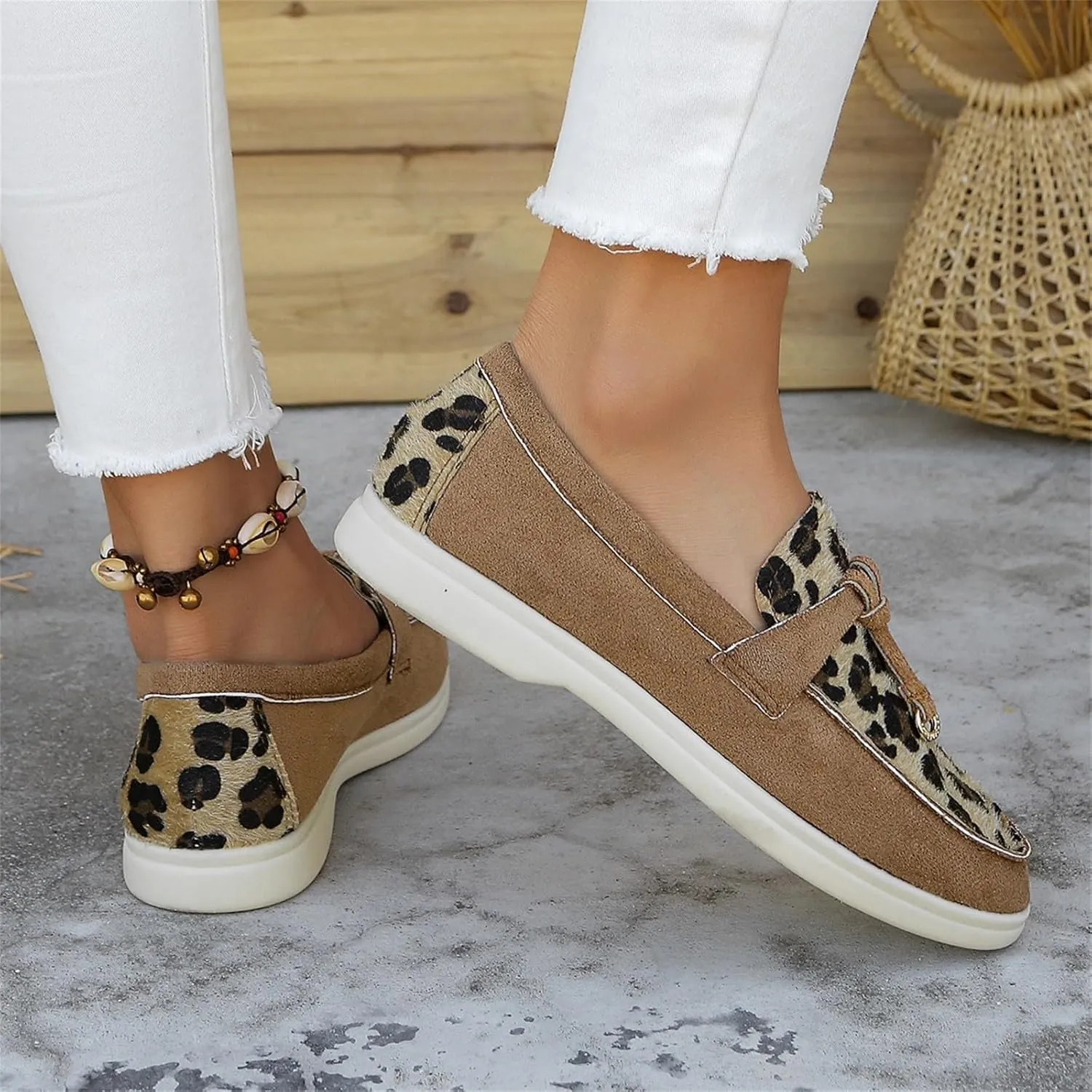 Women's Fashion Leopard Print Flat Shoes Women Ladies Low Heel Comfortable Casual Shoes Ladies Loafers
