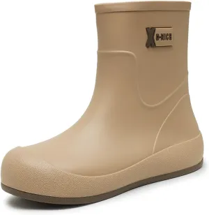 Women's Mid Calf Rain Boots Waterproof Fashion Garden Shoes Anti-Slipping Rainboots Comfortable Insole Light Rain Shoes
