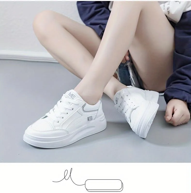Women's Platform Skate Shoes, Versatile Height Increasing Lace Up Low Top Shoes, Outdoor Walking White Shoes
