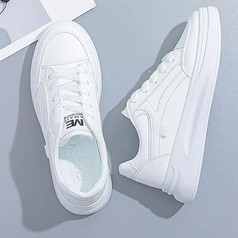 Women's Platform Skate Shoes, Versatile Height Increasing Lace Up Low Top Shoes, Outdoor Walking White Shoes