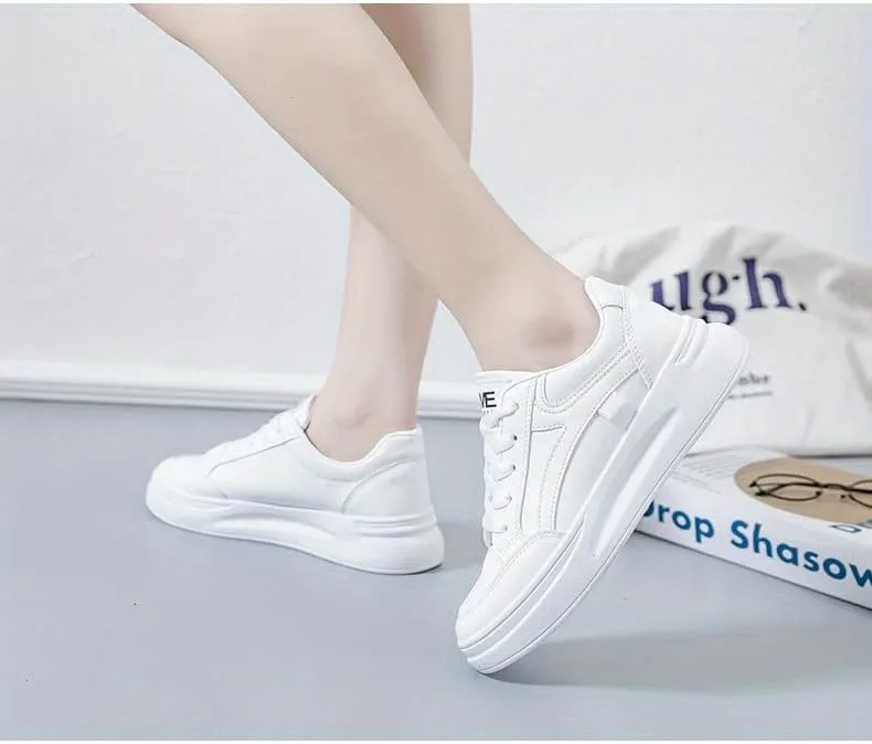 Women's Platform Skate Shoes, Versatile Height Increasing Lace Up Low Top Shoes, Outdoor Walking White Shoes