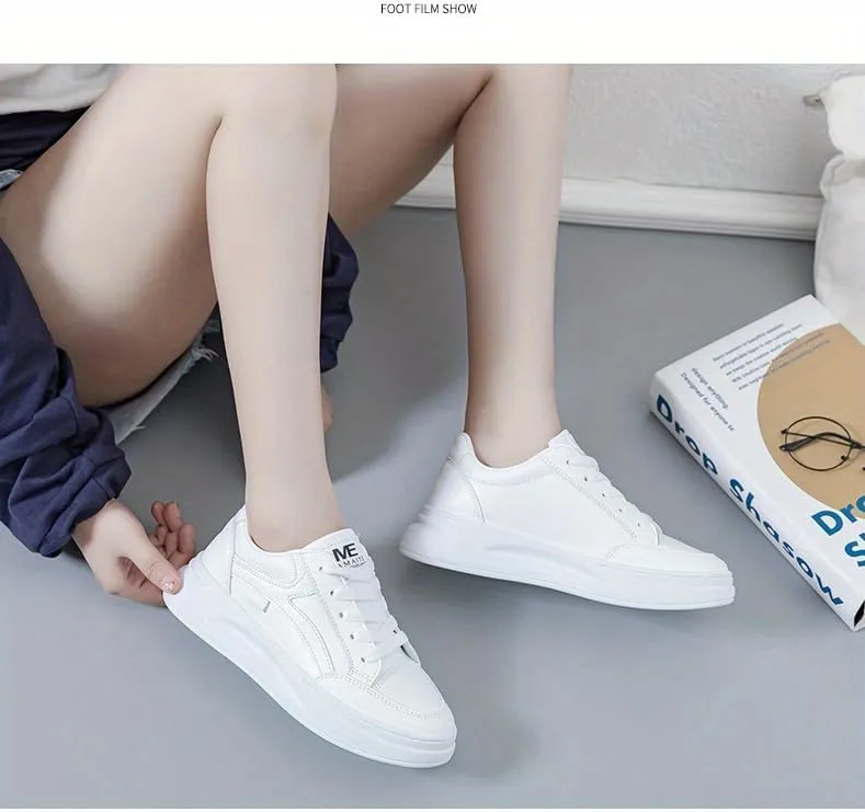 Women's Platform Skate Shoes, Versatile Height Increasing Lace Up Low Top Shoes, Outdoor Walking White Shoes