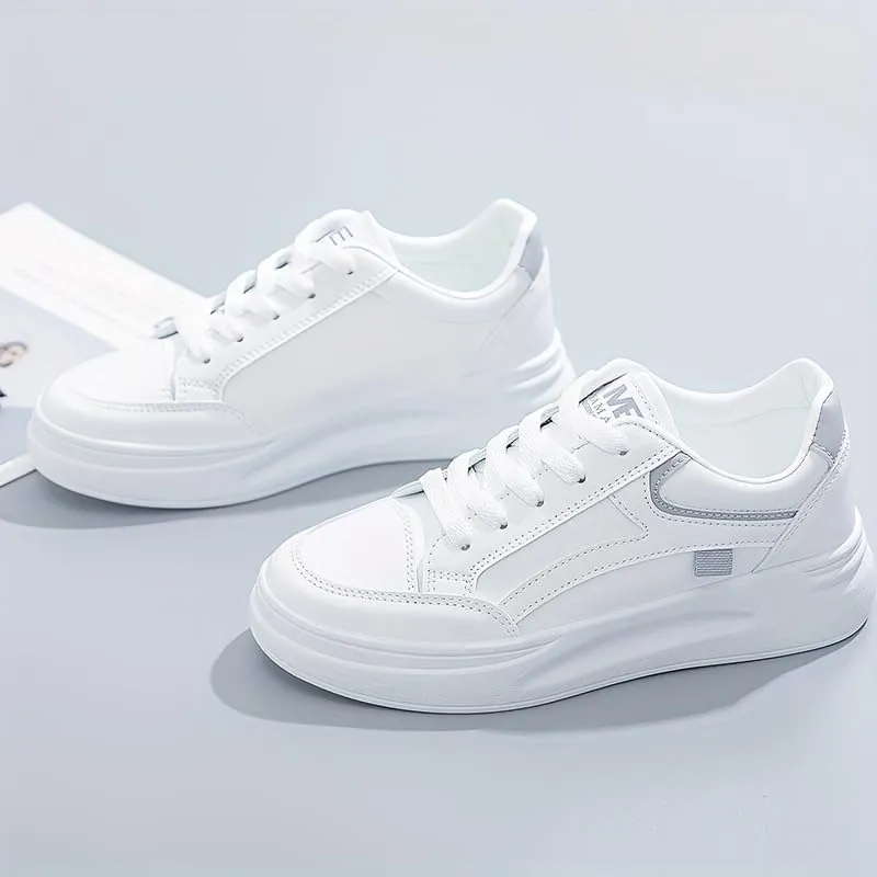 Women's Platform Skate Shoes, Versatile Height Increasing Lace Up Low Top Shoes, Outdoor Walking White Shoes