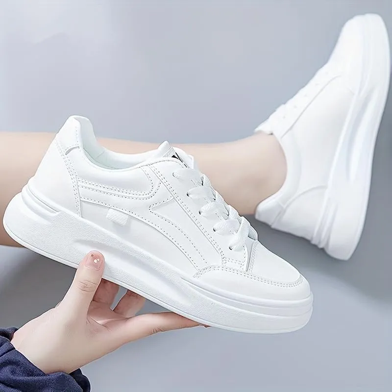 Women's Platform Skate Shoes, Versatile Height Increasing Lace Up Low Top Shoes, Outdoor Walking White Shoes
