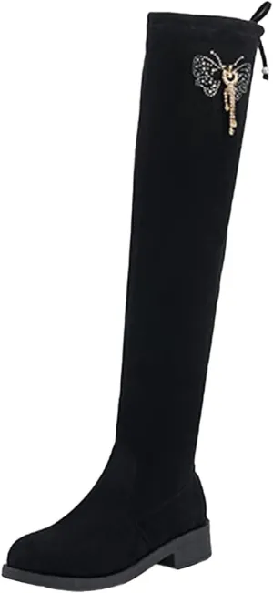 Womens Rhinestone Stretch Solid Color Round Toe Zipper Fashion Middle Heel Chunky Heel Over The Knee Boots Glitter Knee Boots (Black, 8.5)