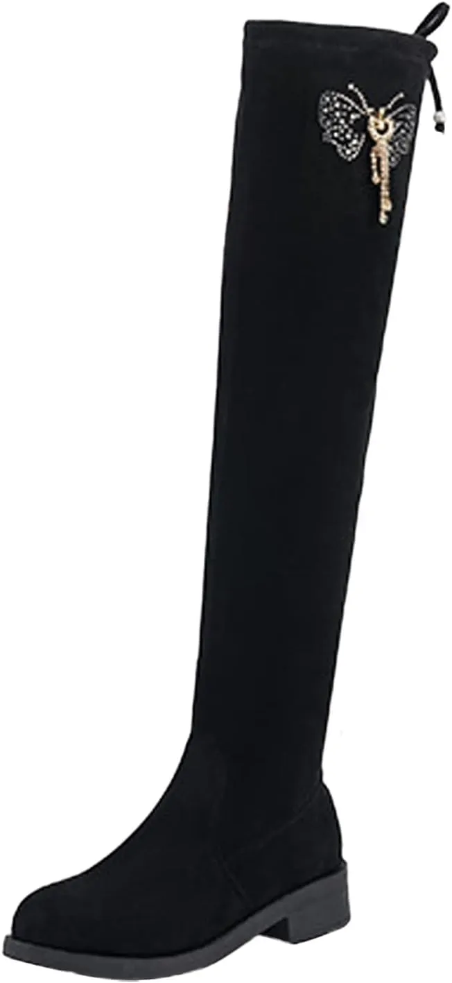 Womens Rhinestone Stretch Solid Color Round Toe Zipper Fashion Middle Heel Chunky Heel Over The Knee Boots Glitter Knee Boots (Black, 8.5)