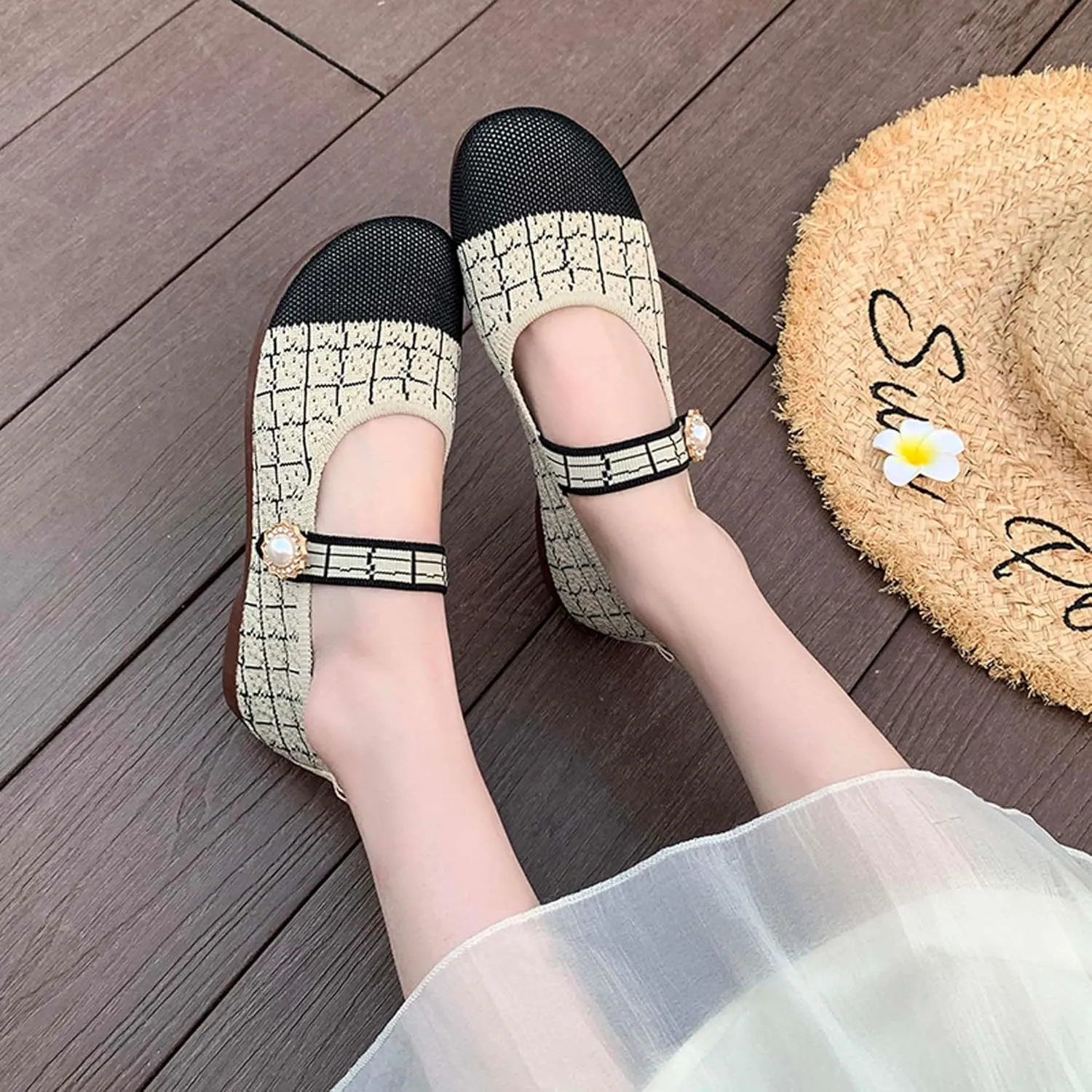 Women's Round Toe Comfortable Casual Shoes Lightweight Breathable Mesh Shoes Dresses Party Shallow Mouth Shoes Ballet Shoes Sandals Black