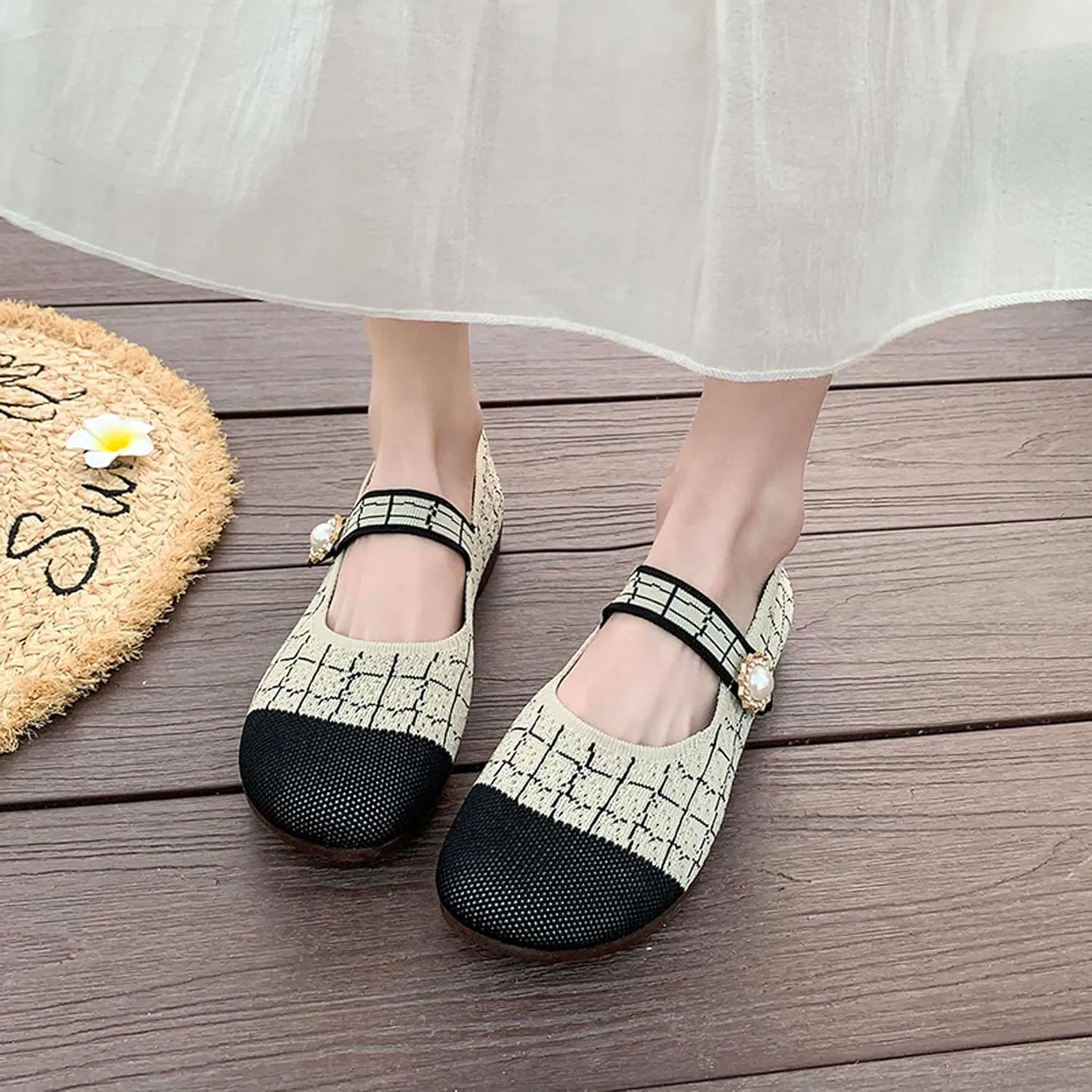 Women's Round Toe Comfortable Casual Shoes Lightweight Breathable Mesh Shoes Dresses Party Shallow Mouth Shoes Ballet Shoes Sandals Black