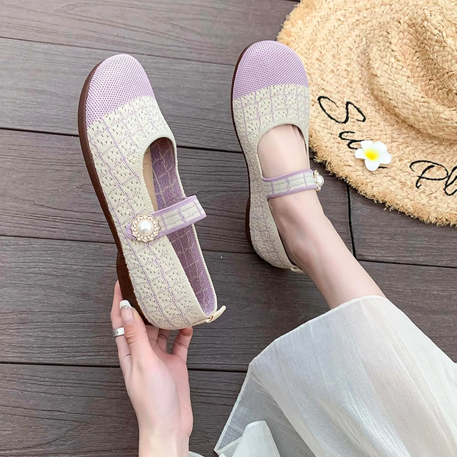 Women's Round Toe Comfortable Casual Shoes Lightweight Breathable Mesh Shoes Dresses Party Shallow Mouth Shoes Ballet Shoes Sandals Black